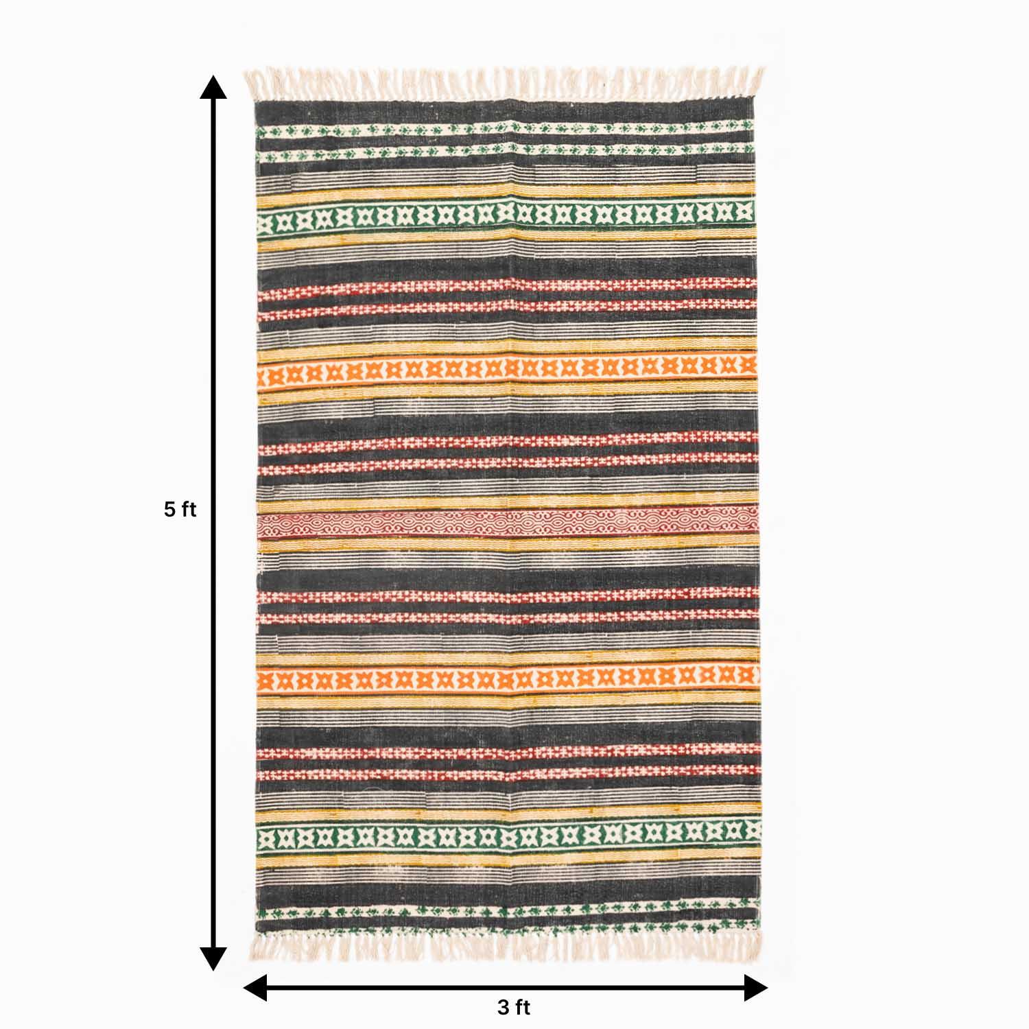 Block Printed Rug Multicolor geometric stripe 5x3 ft