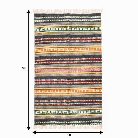 Block Printed Rug Multicolor geometric stripe 5x3 ft