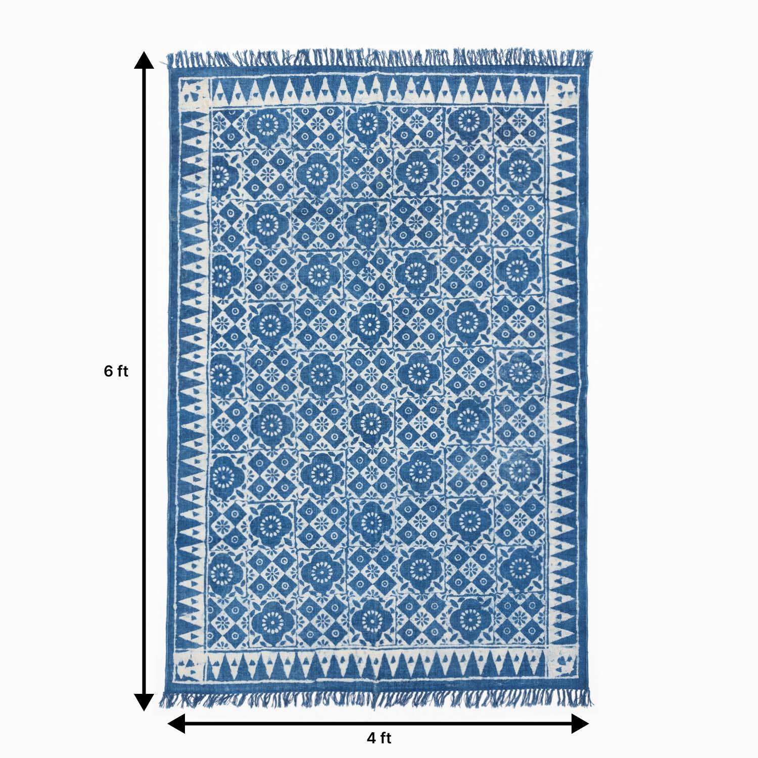 Dhurrie Rug Block Print 6x4 ft, geomectric floral , Indigo