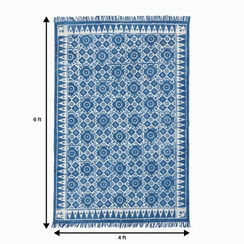 Dhurrie Rug Block Print 6x4 ft, geomectric floral , Indigo