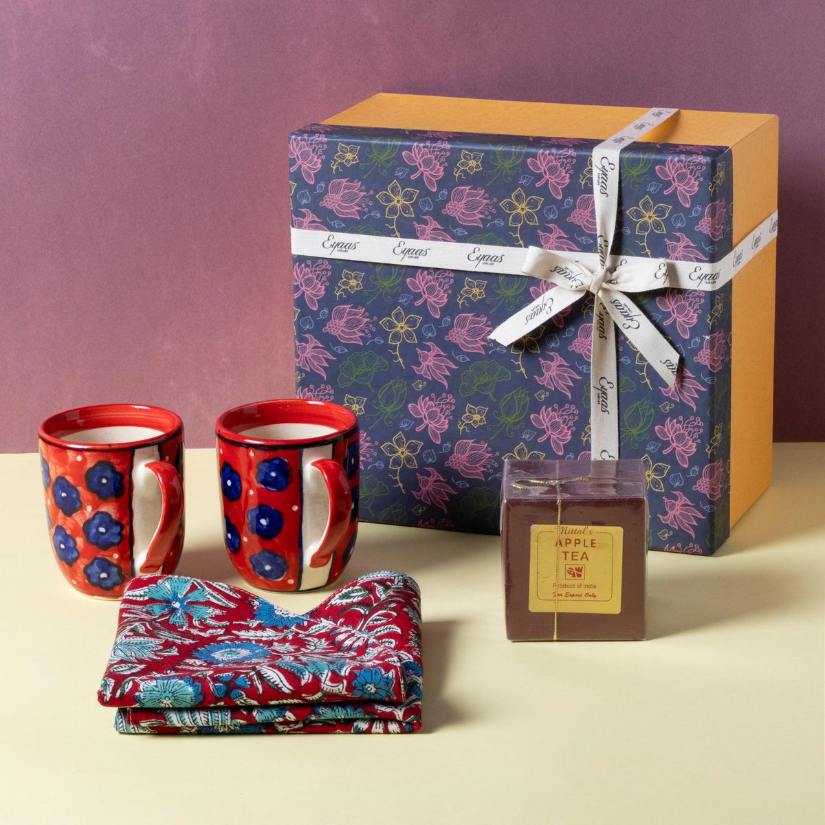Gift Set of Tea Cups, Table Mats (Red) & Apple Tea - Eyaas