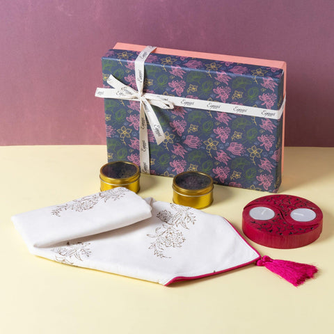Gift Set of Runner, Wooden Tea Light Holders & Tea - Eyaas