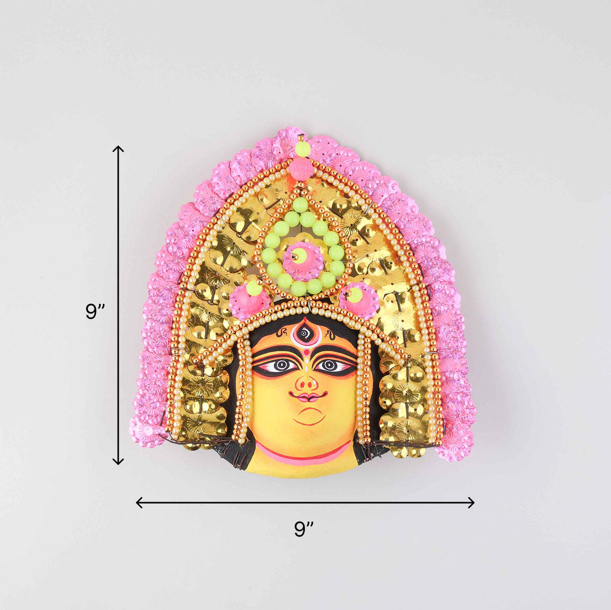 Yellow & Pink Chhau Mask, Durga, 9 Inches