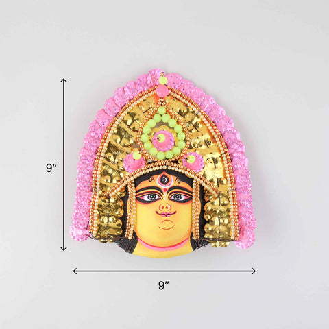 Yellow & Pink Chhau Mask, Durga, 9 Inches