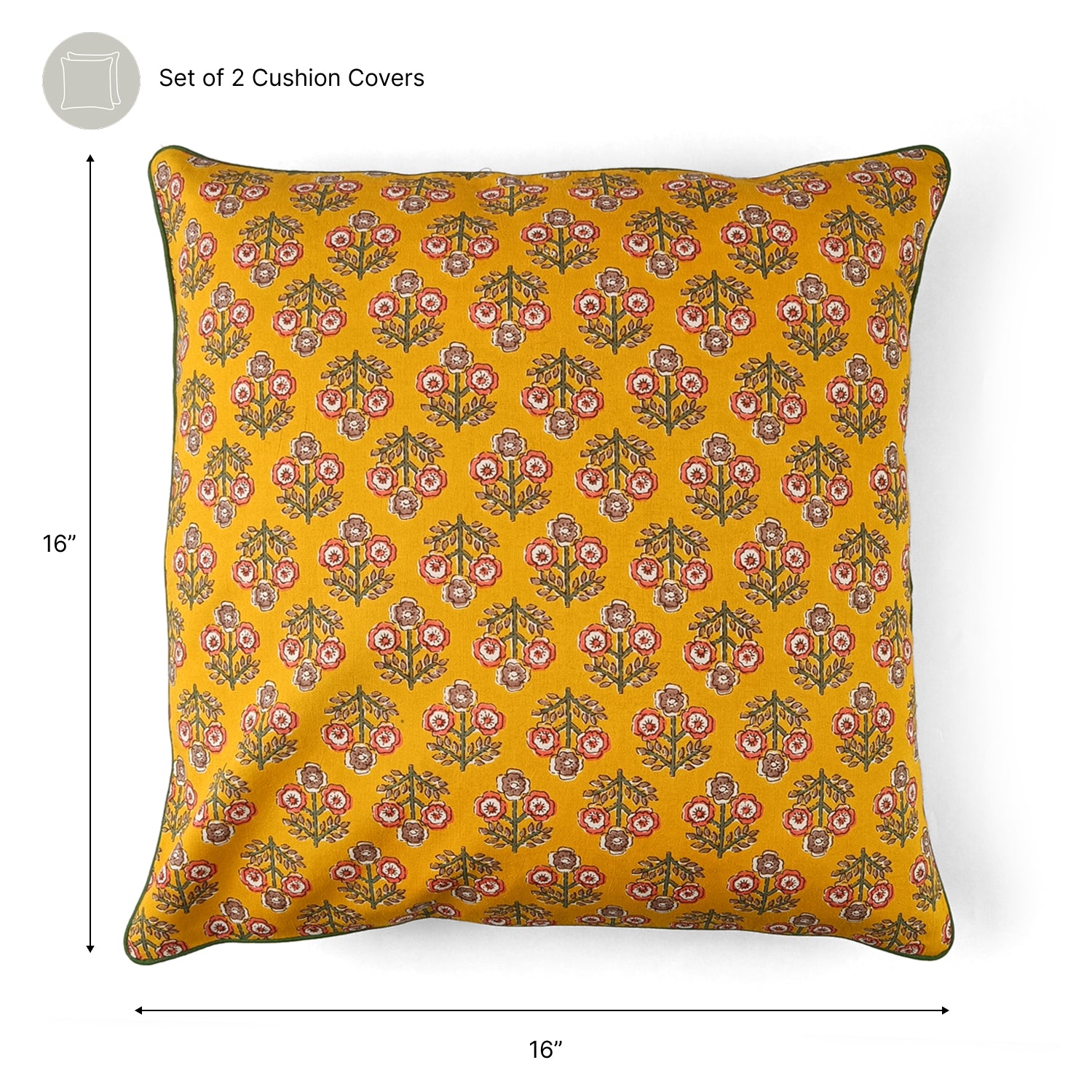 Yellow Block Printed Cotton Cushion Cover Set of 2