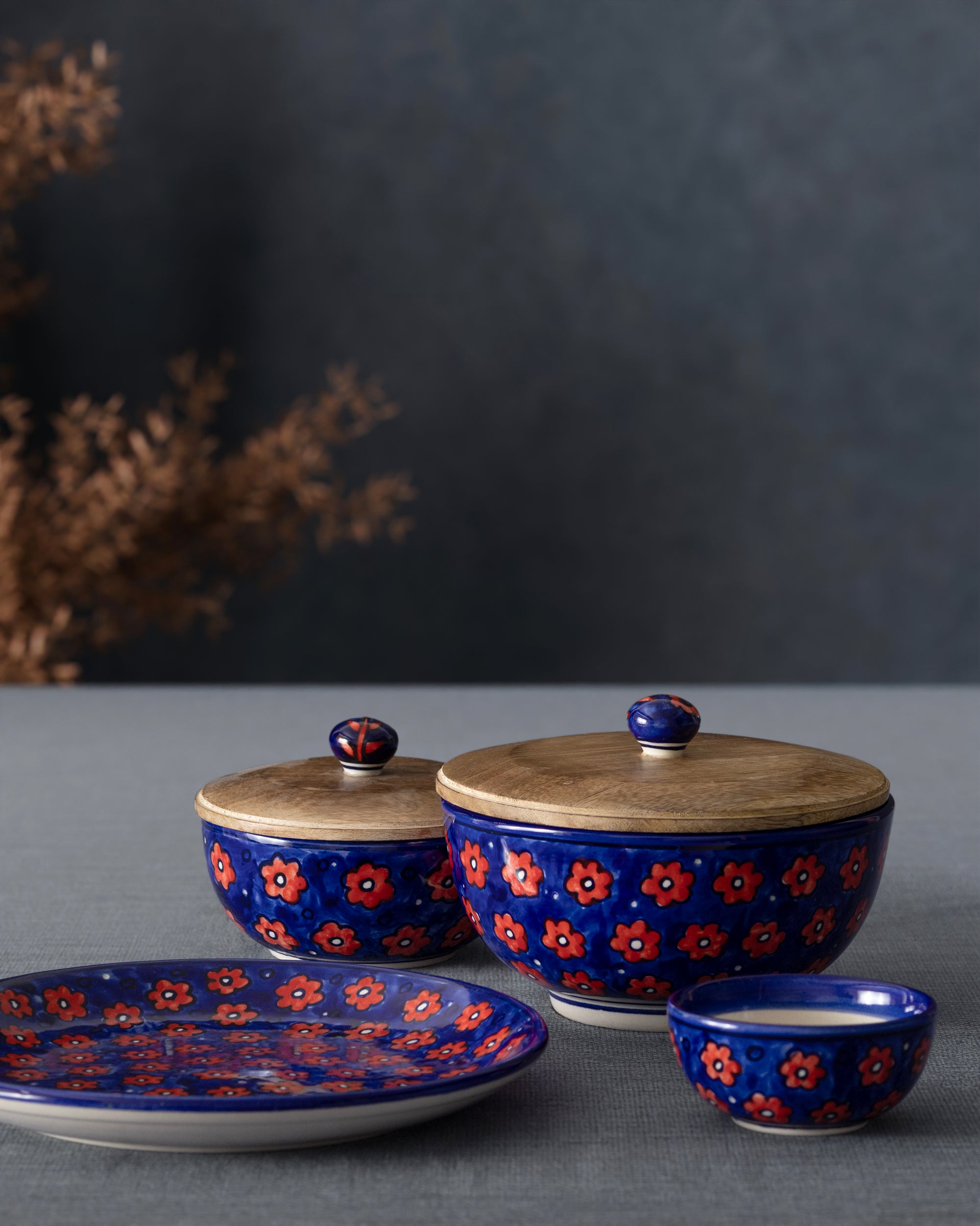 Red and Blue Floral Ceramic Bowl / Katori Set of 2