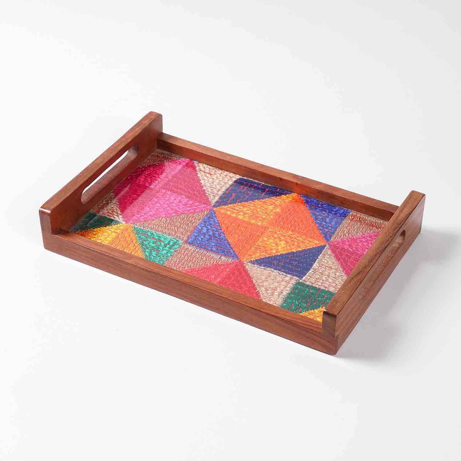 Sheesham Wood & Phulkari Silk Tray Multi-Colour