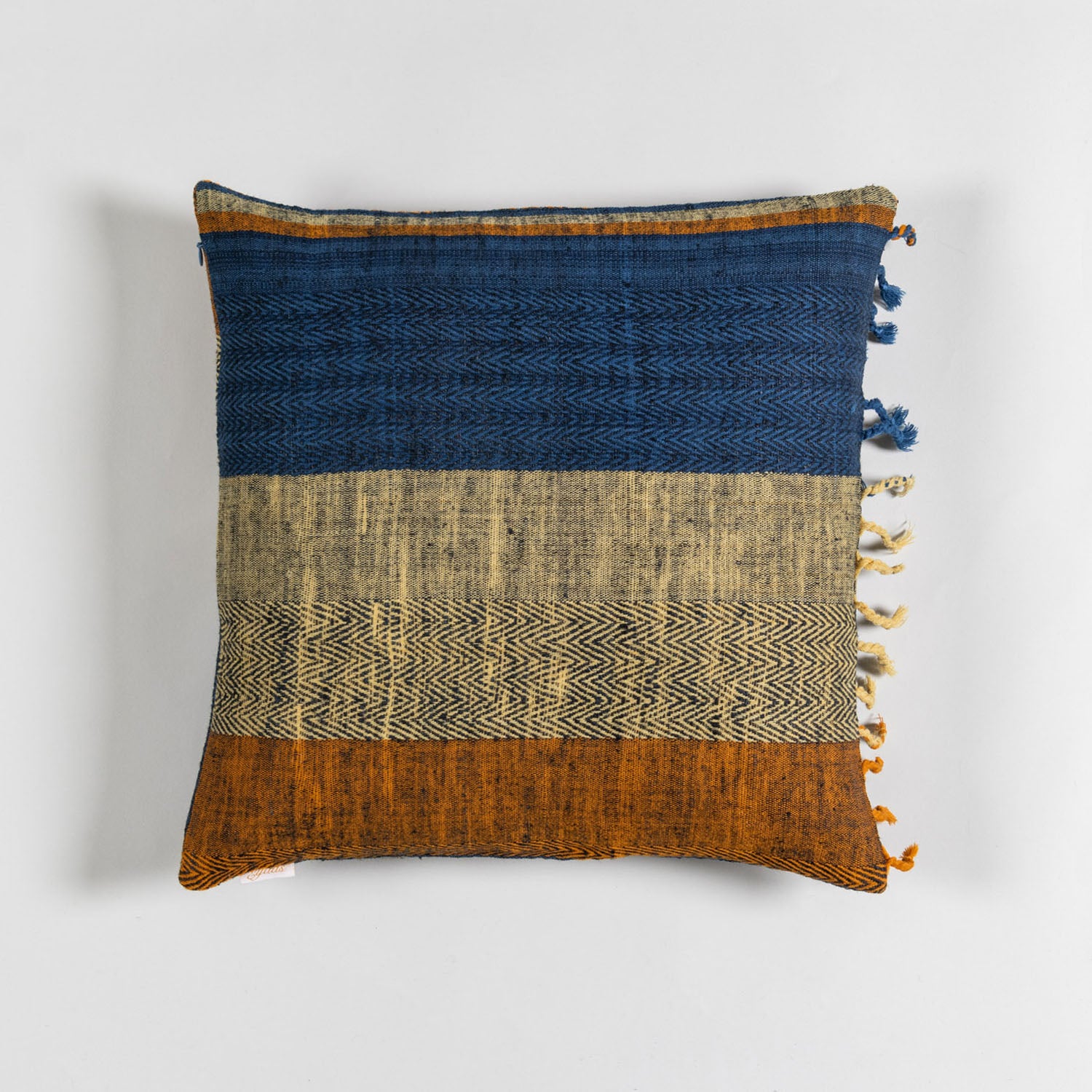 Handwoven Upcycled Blue, Orange, Yellow Striped Wool & Oak Silk Cushion Cover - 16x16