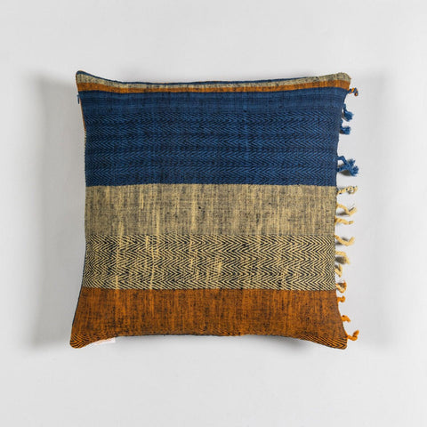 Upcycled Wool & Silk 16x16 Cushion Cover, Blue & Orange - Eyaas