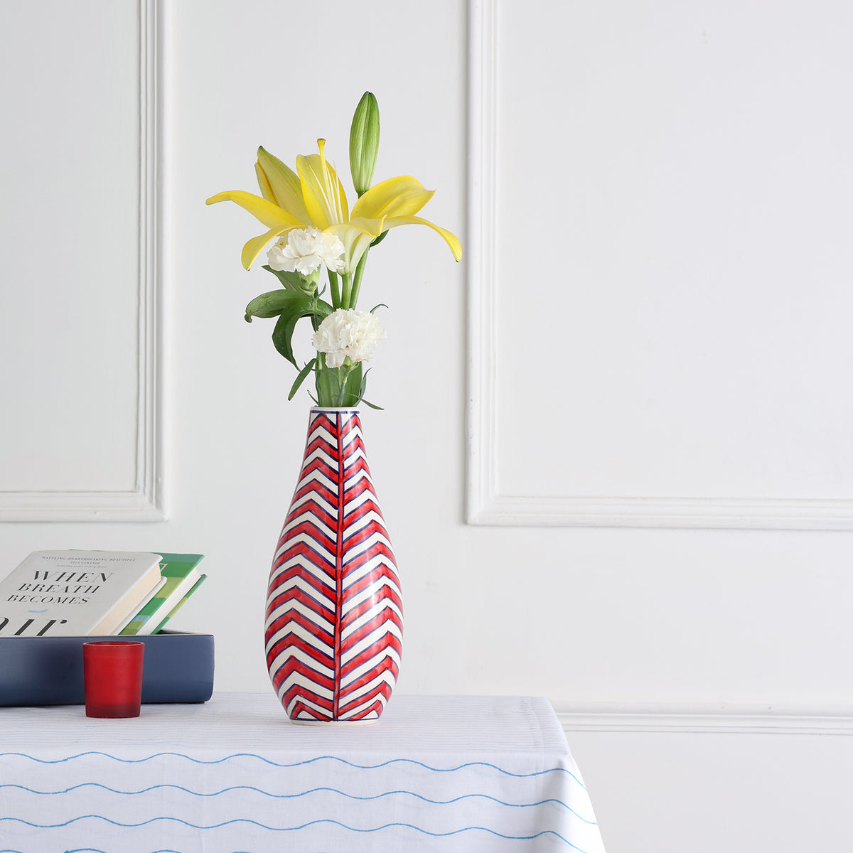 Zig-Zag Hand-Painted Ceramic Flower Vase - 11x5, Red