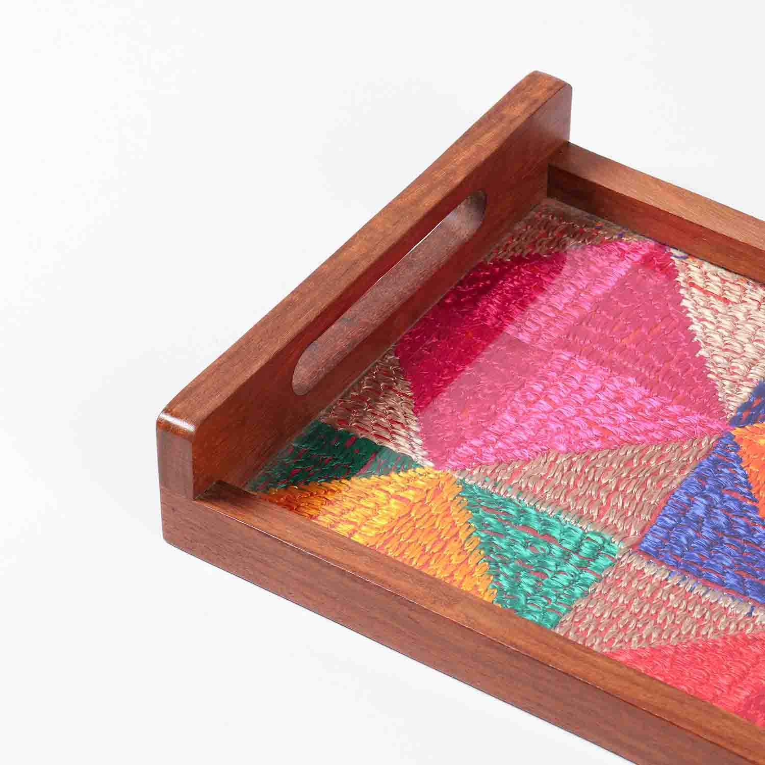 Sheesham Wood & Phulkari Silk Tray Multi-Colour
