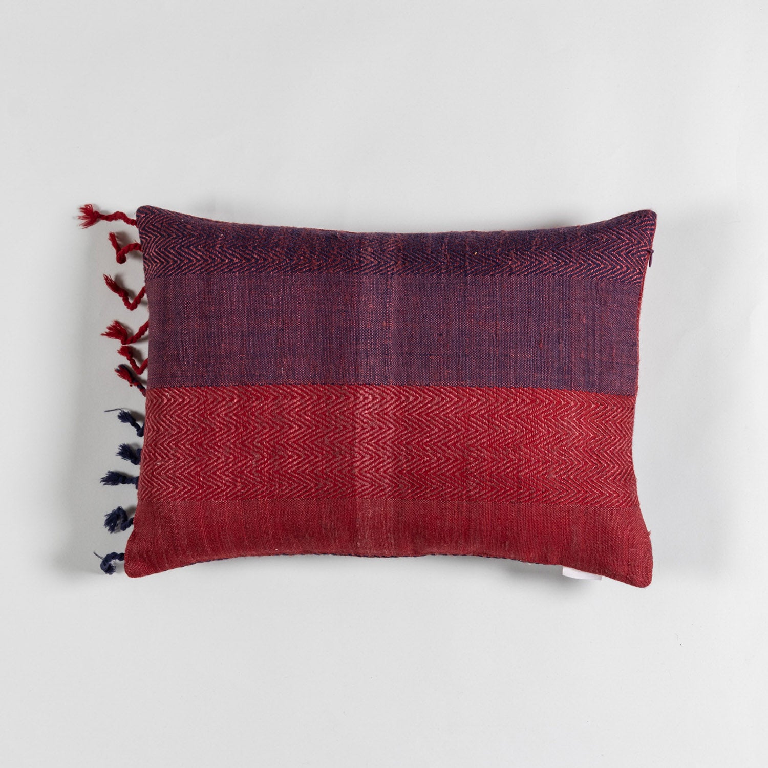 Handwoven Upcycled Red & Blue Wool & Oak Silk Cushion Cover - 12x18
