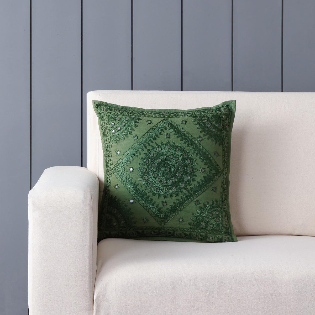 Moss Green Mirror Embroidered Cushion Cover, 16x16