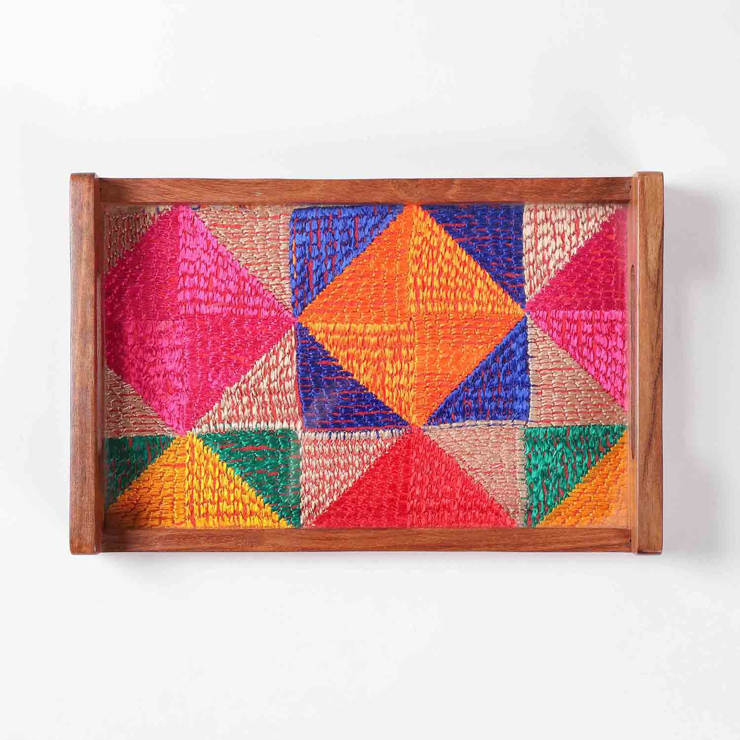Sheesham Wood & Phulkari Silk Tray Multi-Colour