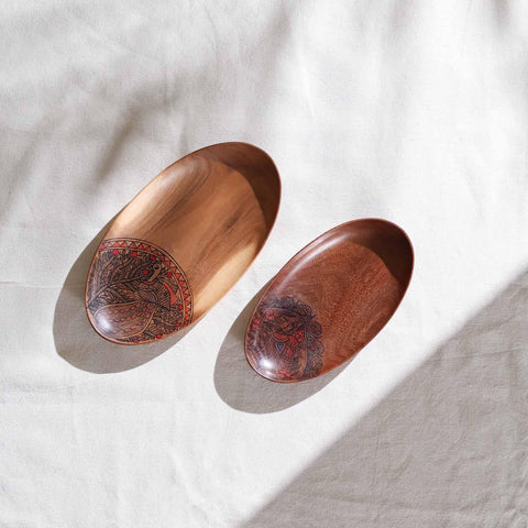 Oval Peacock Hand-Painted Acacia Wood Platter - Set of 2