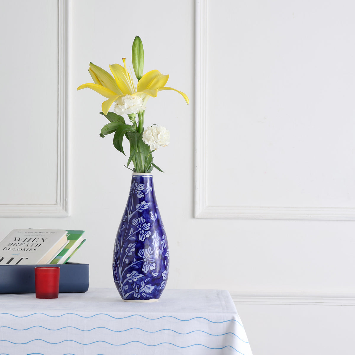 Floral Hand-Painted Ceramic Flower Vase - 11x5, Blue