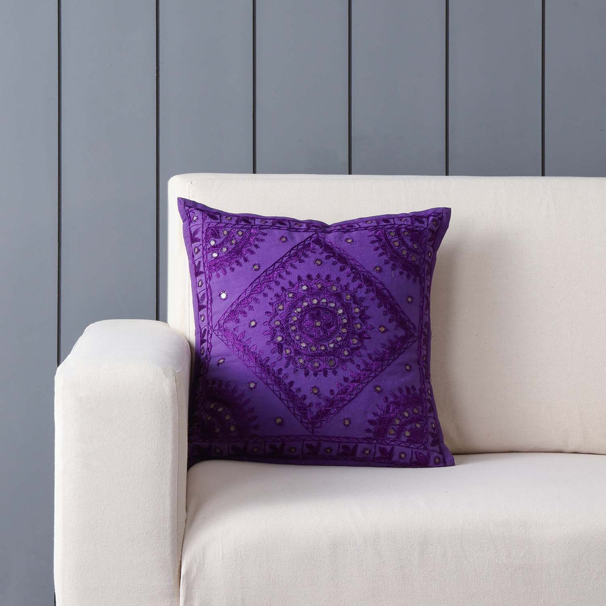 Purple Cotton Mirror Embroidered Cushion Cover, 16 x 16
