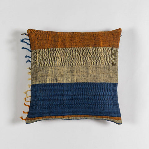 Upcycled Wool & Silk 16x16 Cushion Cover, Blue & Orange - Eyaas