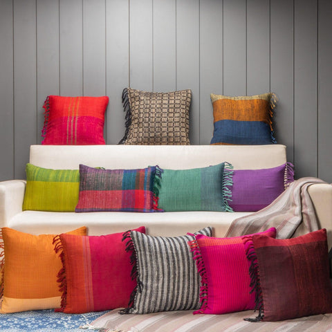 Upcycled Red Wool & Oak Silk Cushion Cover - 16x16 - Eyaas