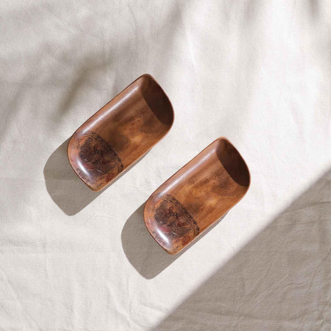 Leaf-Shaped Peacock Hand-Painted Acacia Wood Platter - Set of 2