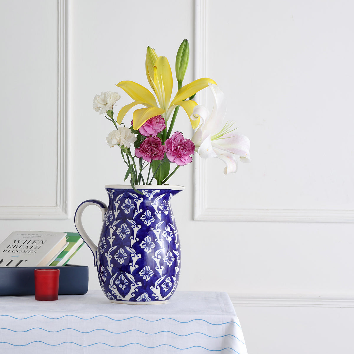Hand Painted Ceramic Jug / Pitcher, Indigo, Large, 2 Lts