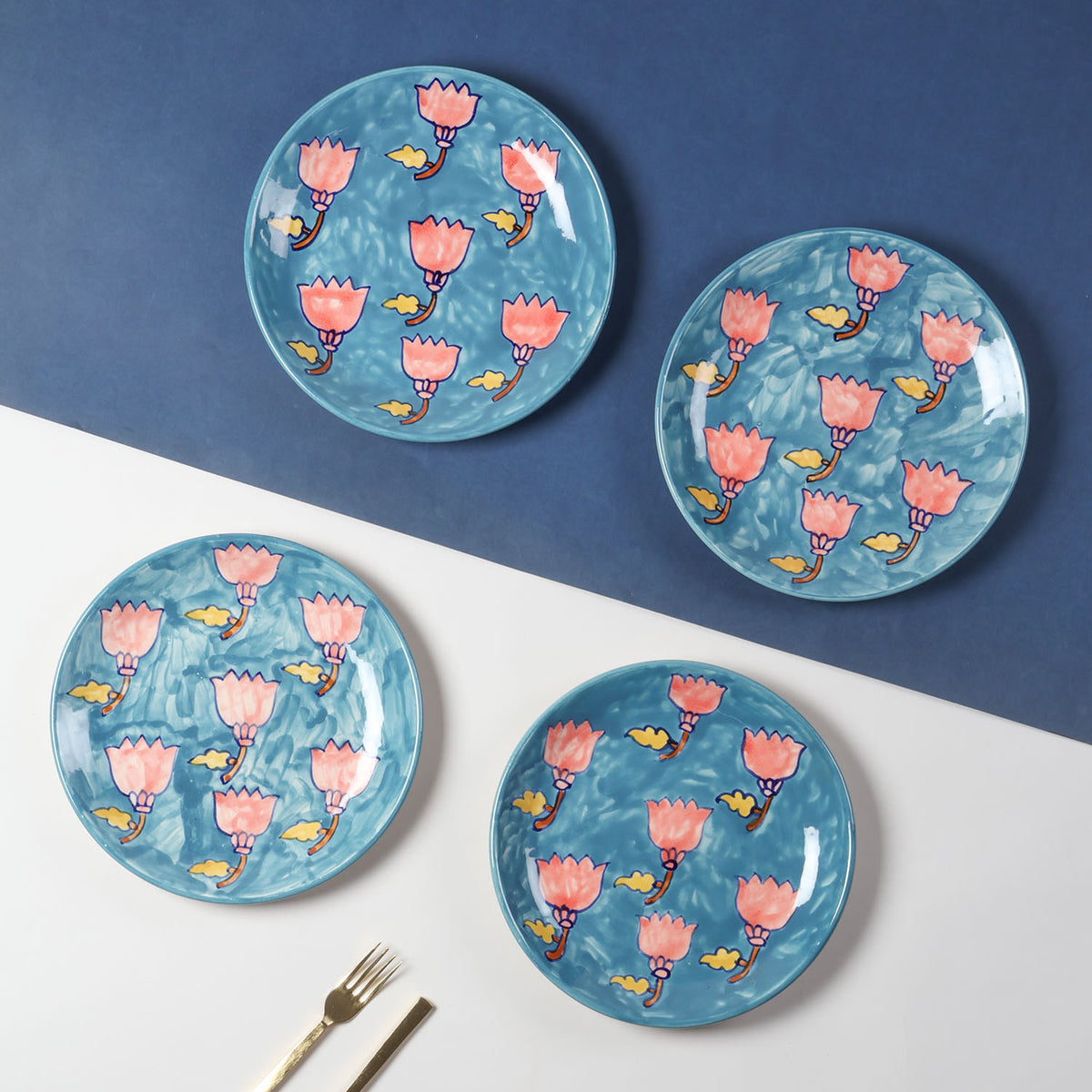 Lotus Handpainted Ceramic Dinner Plate 10 Inch Set