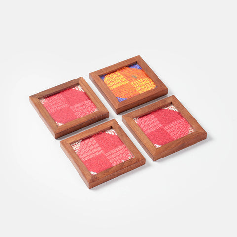 Wood & Multi-Colour Phulkari Coasters Set of 4 - Eyaas