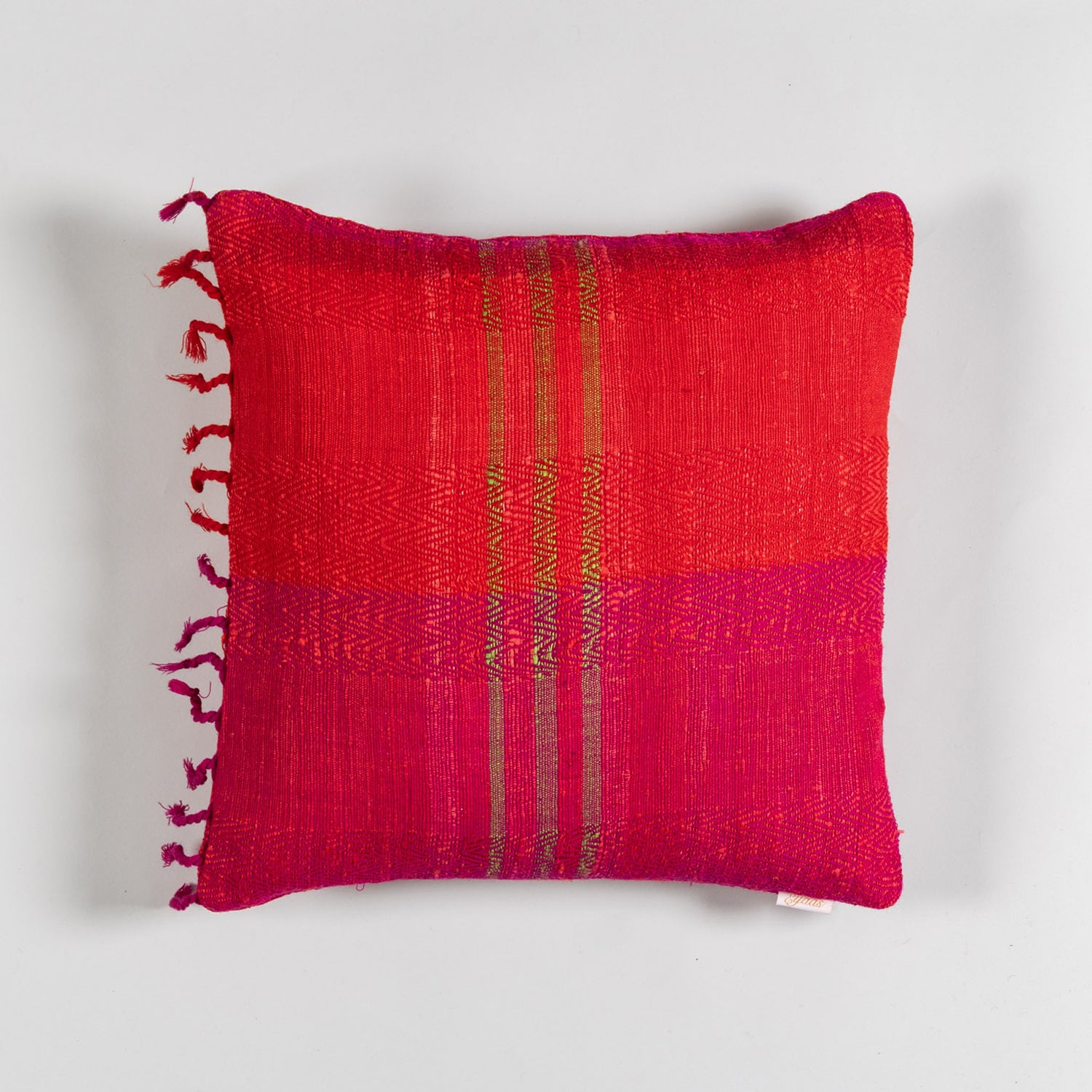 Handwoven Upcycled Red & Pink Wool & Oak Silk Cushion Cover - 16x16