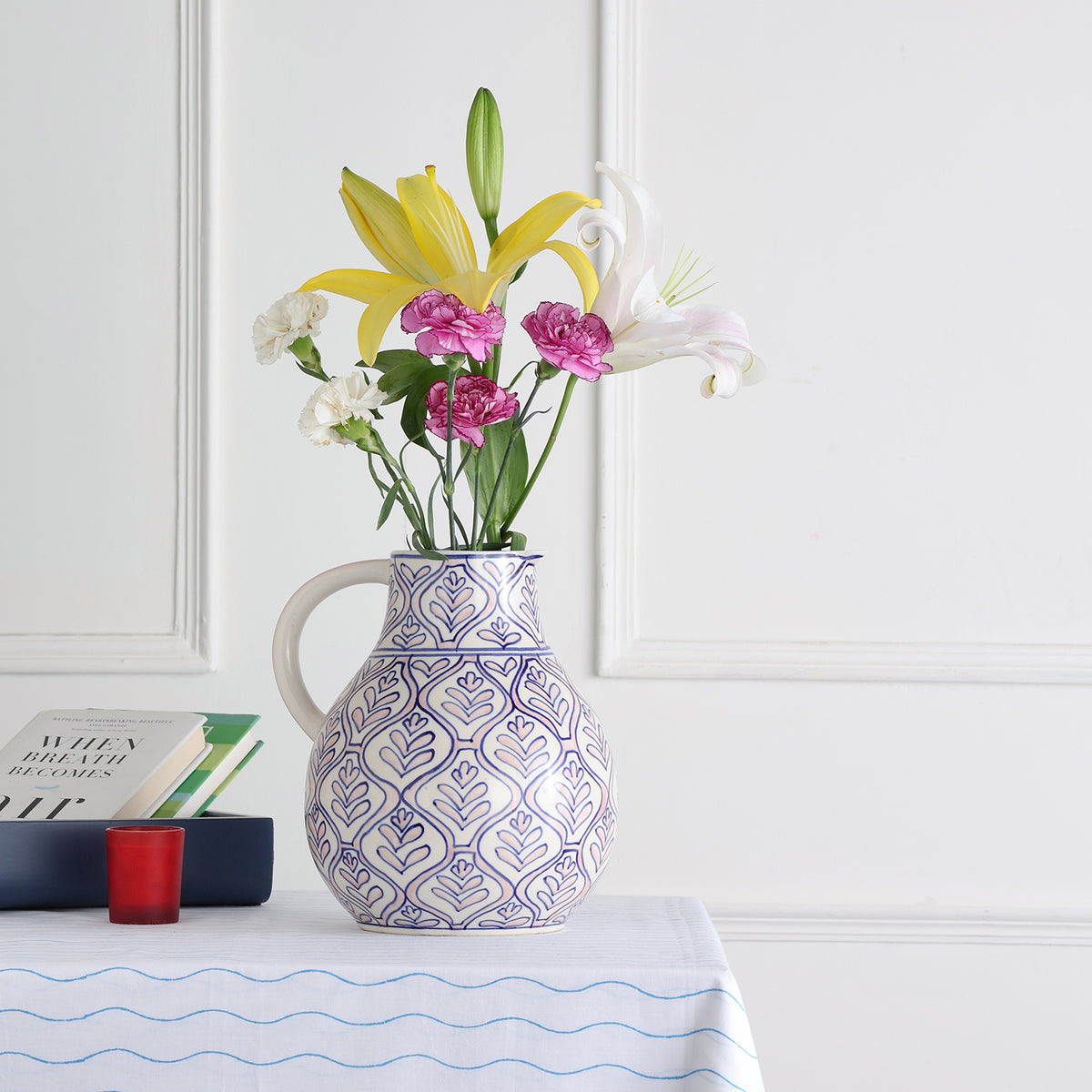 Ceramic Jug / Pitcher, Pink & Indigo, 2 lts