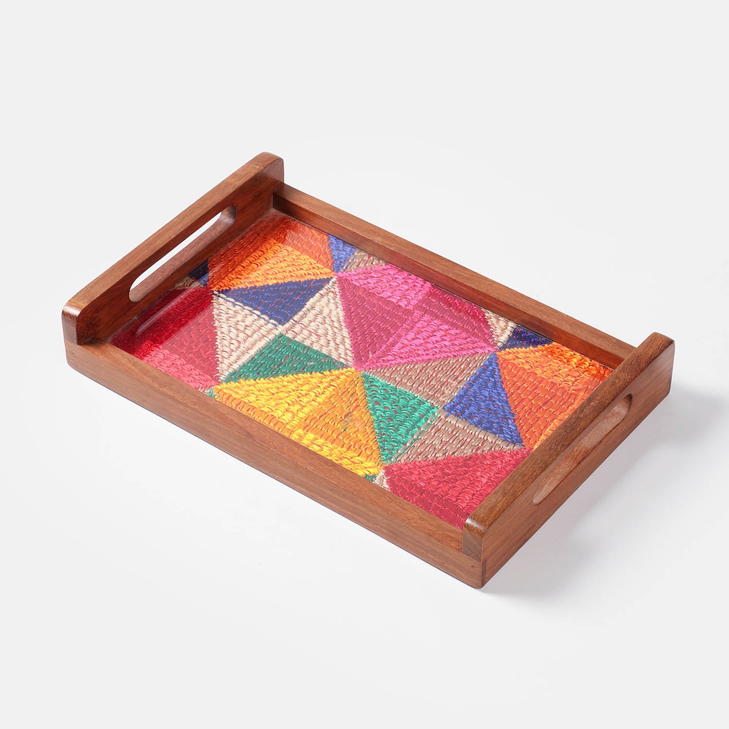 Sheesham Wood & Phulkari Silk Tray & 4 Coasters Set