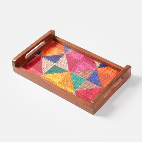 Sheesham Wood & Phulkari Silk Tray & 4 Coasters Set - Eyaas