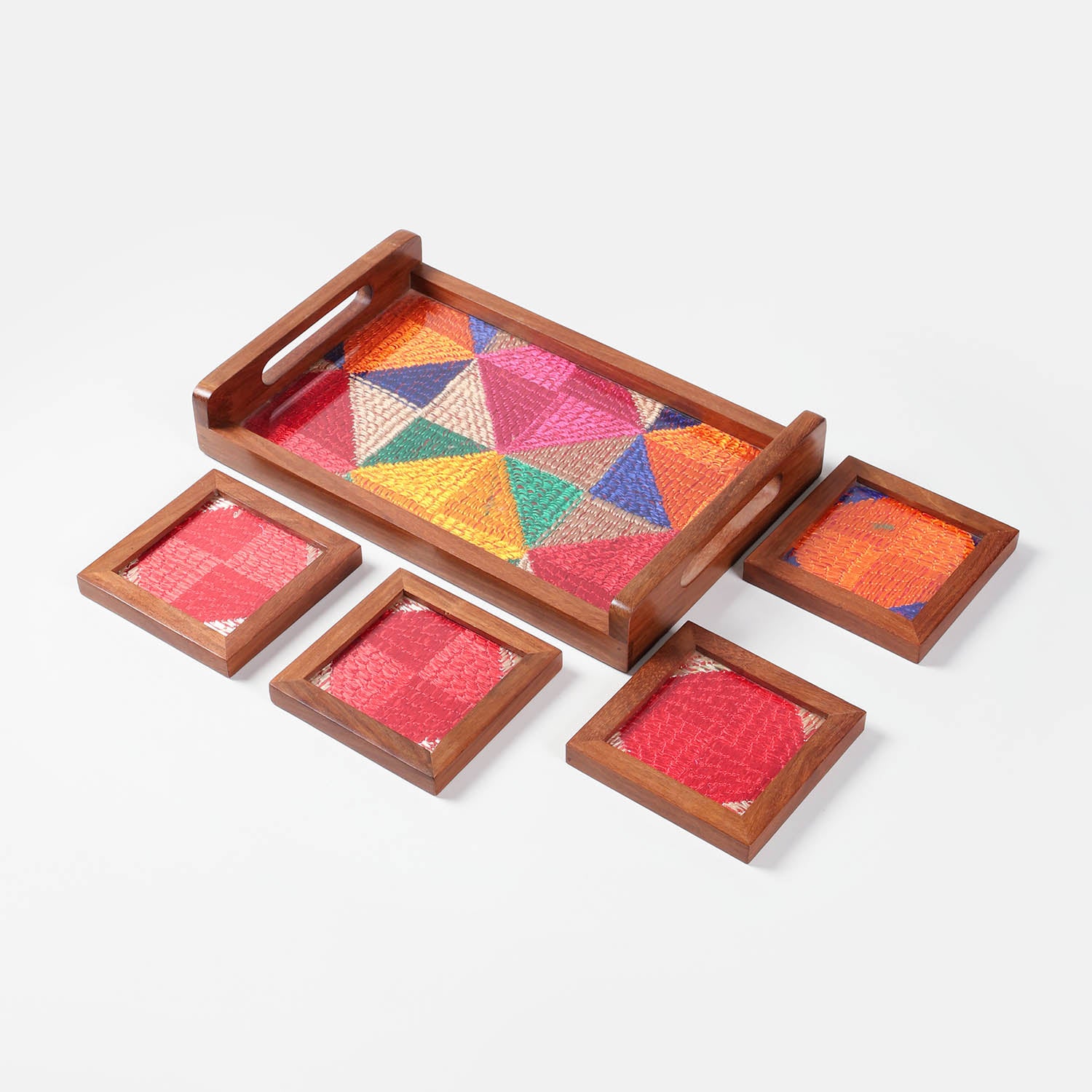 Sheesham Wood & Phulkari Silk Tray & 4 Coasters Set