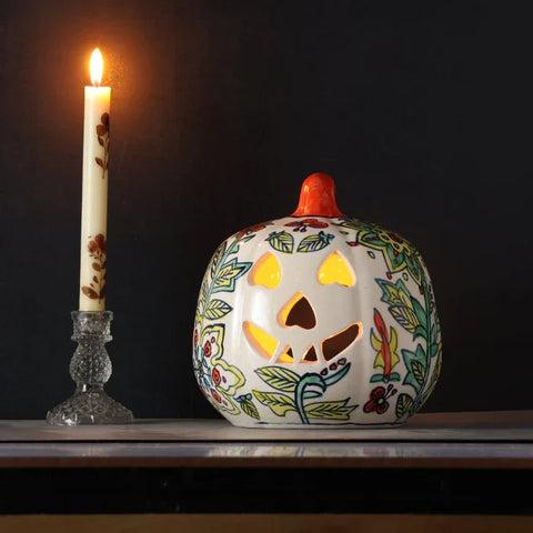 Ceramic Pumpkin Tea Light Holder - Yellow Floral