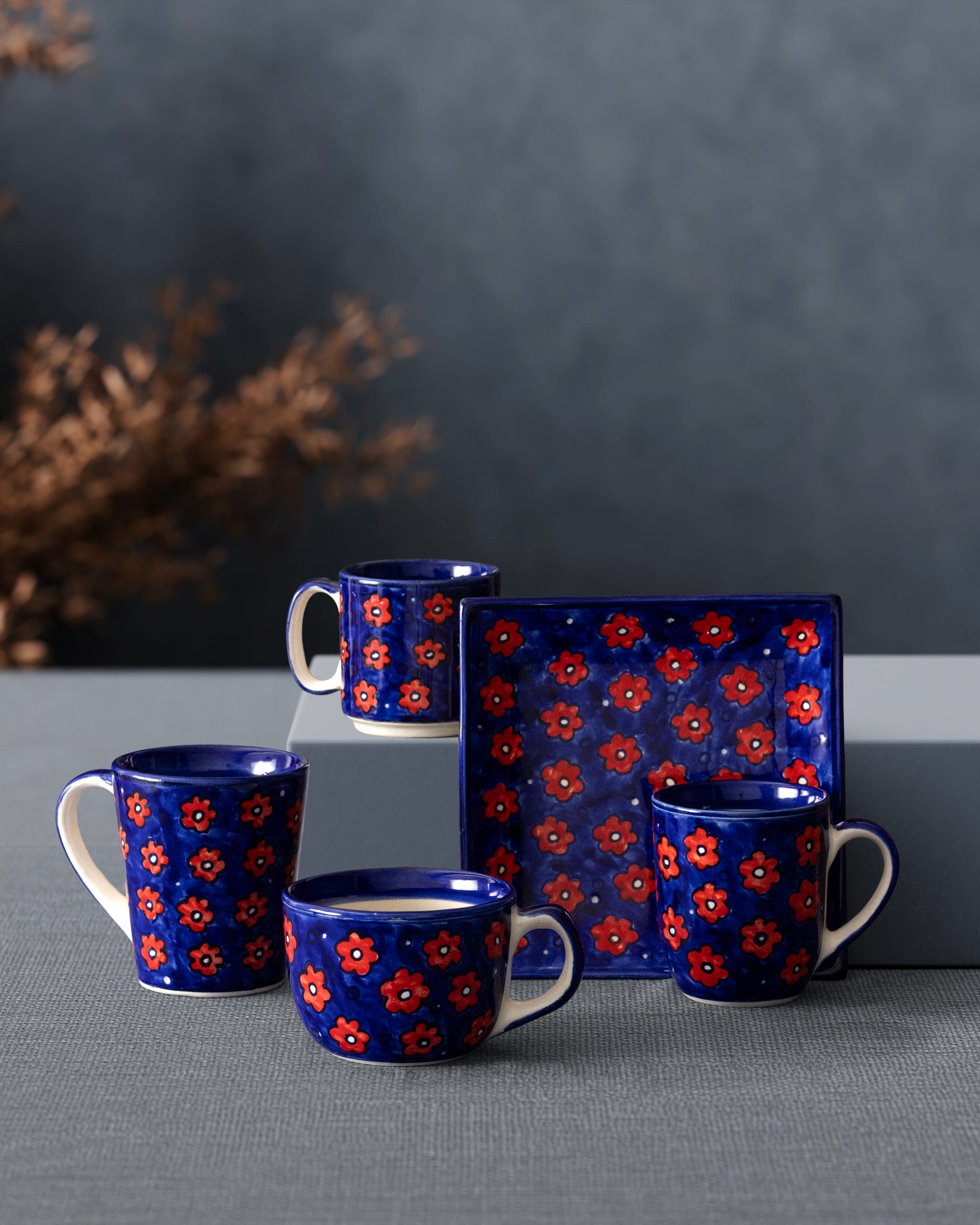 Red and Blue Floral Ceramic Square Serving Platter Set of 2