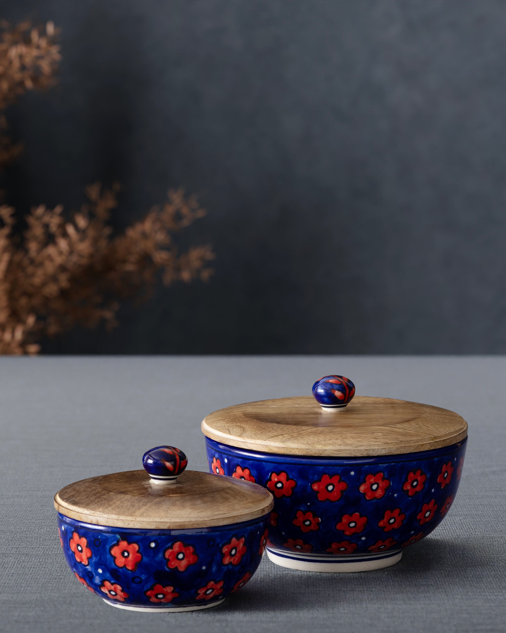 Red and Blue Ceramic Serving Bowl with Lid (Small)- Set of 2