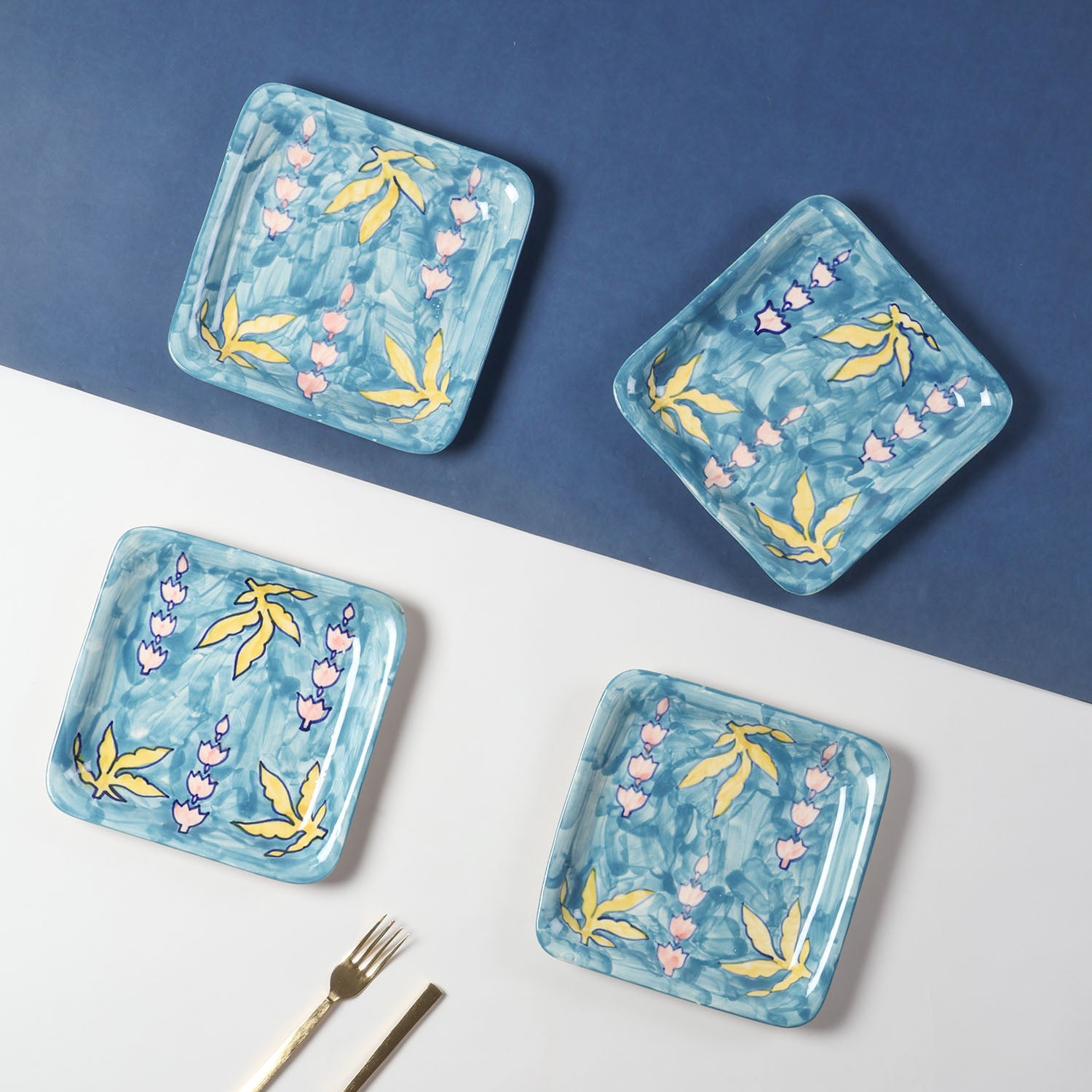 Kalamkari Ceramic Square Serving Platter Set of 2