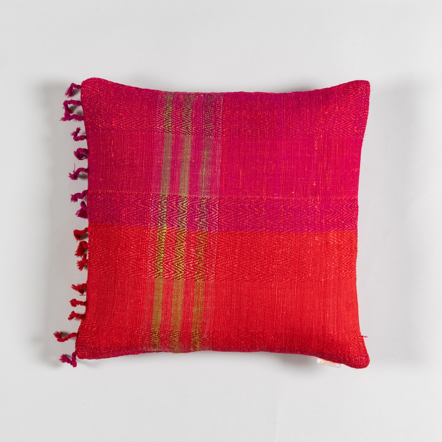 Handwoven Upcycled Red & Pink Wool & Oak Silk Cushion Cover - 16x16
