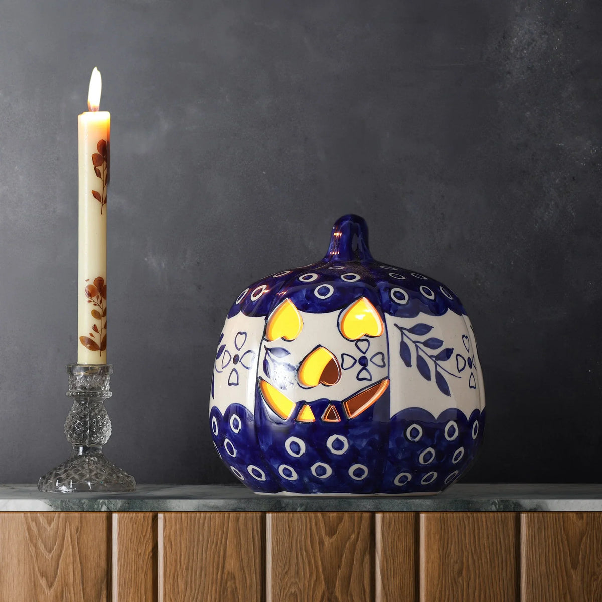 Ceramic Pumpkin Tea Light Holder - Blue