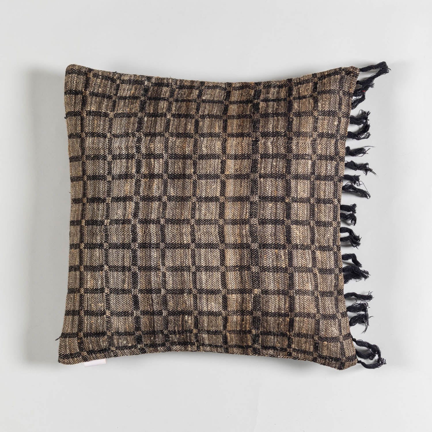 Handwoven Upcycled Black Beige Checks Wool & Oak Silk Cushion Cover - 18x18