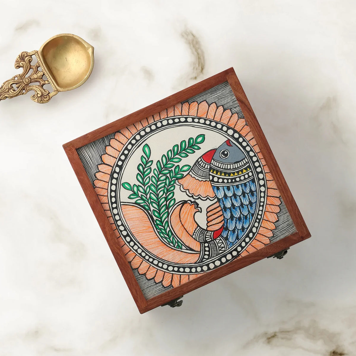 Madhubani Hand-Painted Square Wooden Box