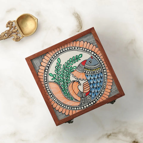 Madhubani Hand-Painted Square Wooden Box - Eyaas