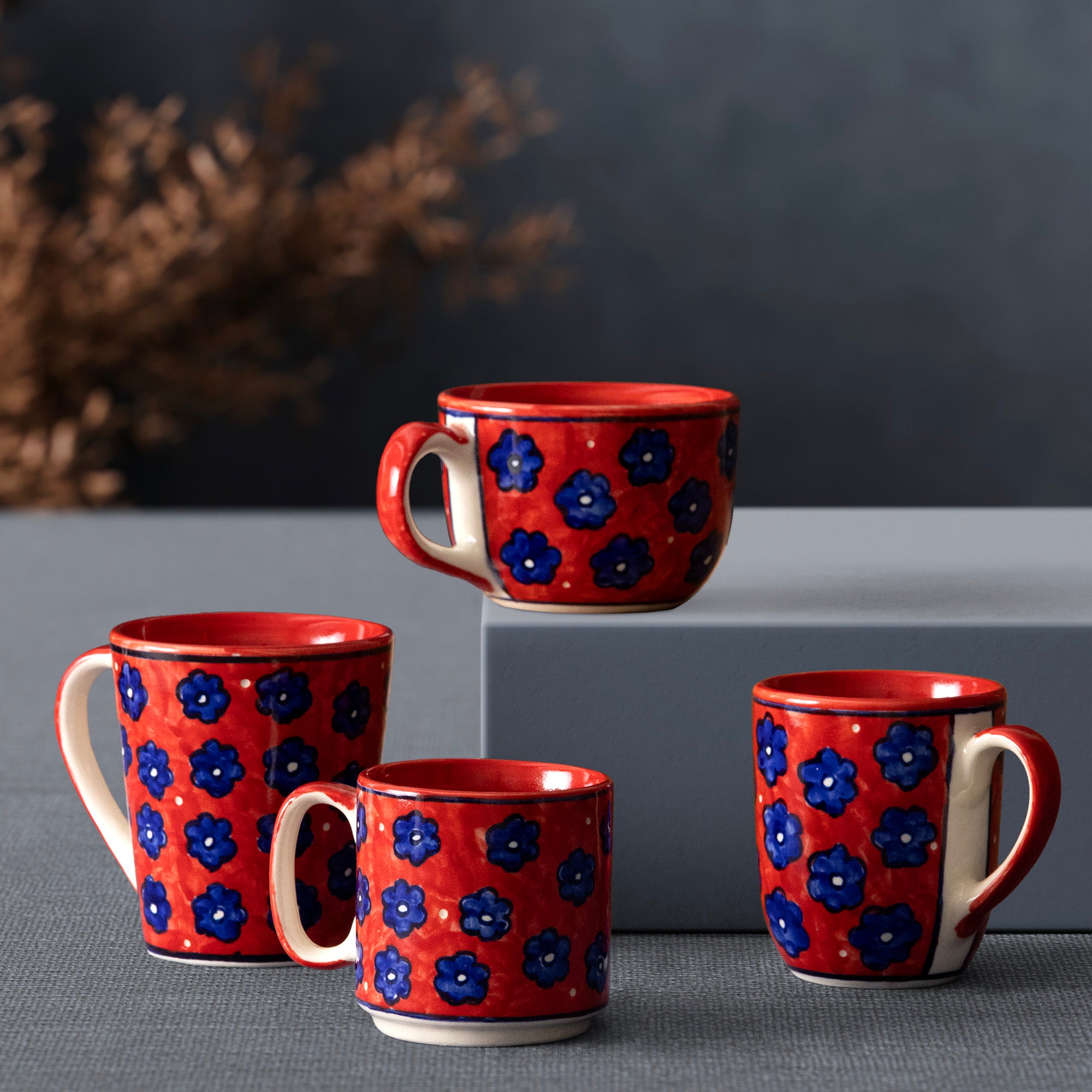 Red Floral Ceramic Coffee Mug - Set of 2 (Large)