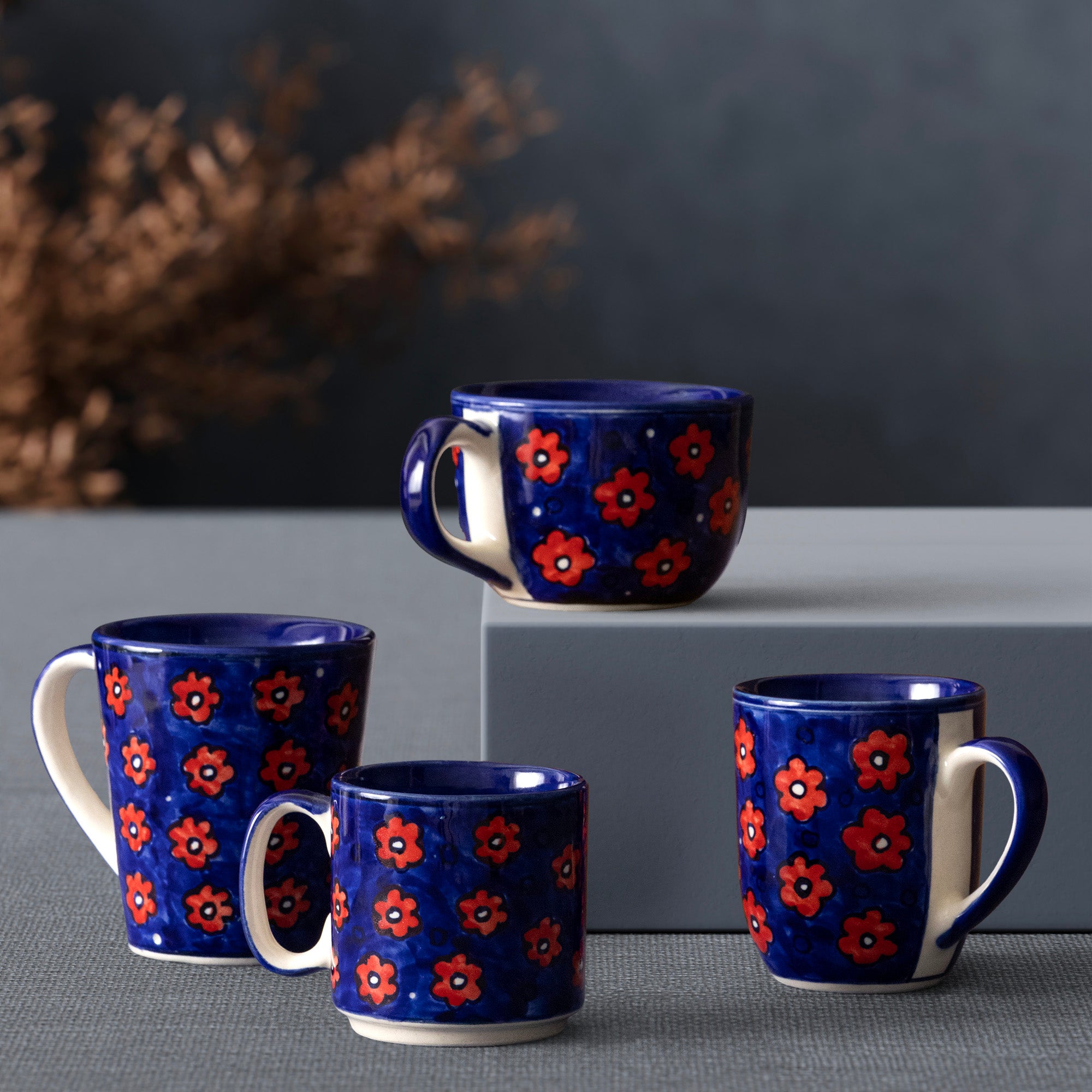 Blue Floral Ceramic Coffee Mug - Set of 2 (Large)