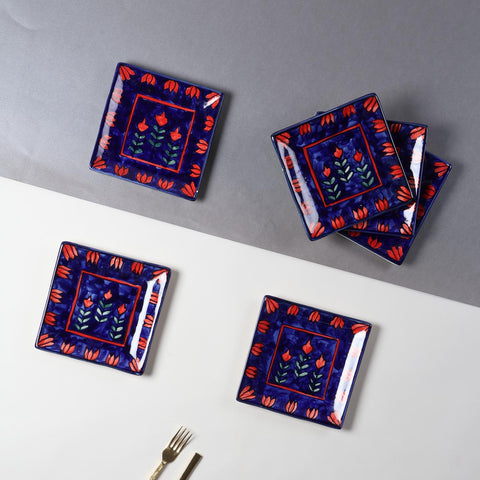 Blooming Plant Ceramic Square Serving Platter Set of 2