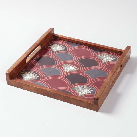 Square Sheesham Wood & Gota Work Ajrakh Tray
