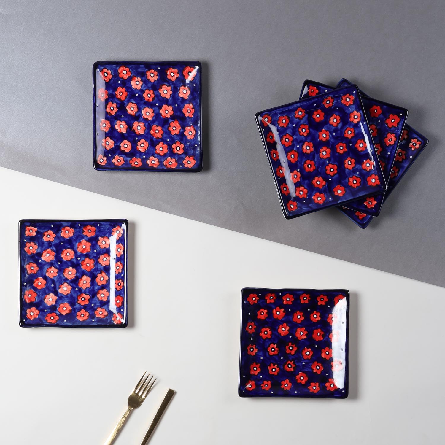 Floral Ceramic Square Serving Platter Set of 2, Blue