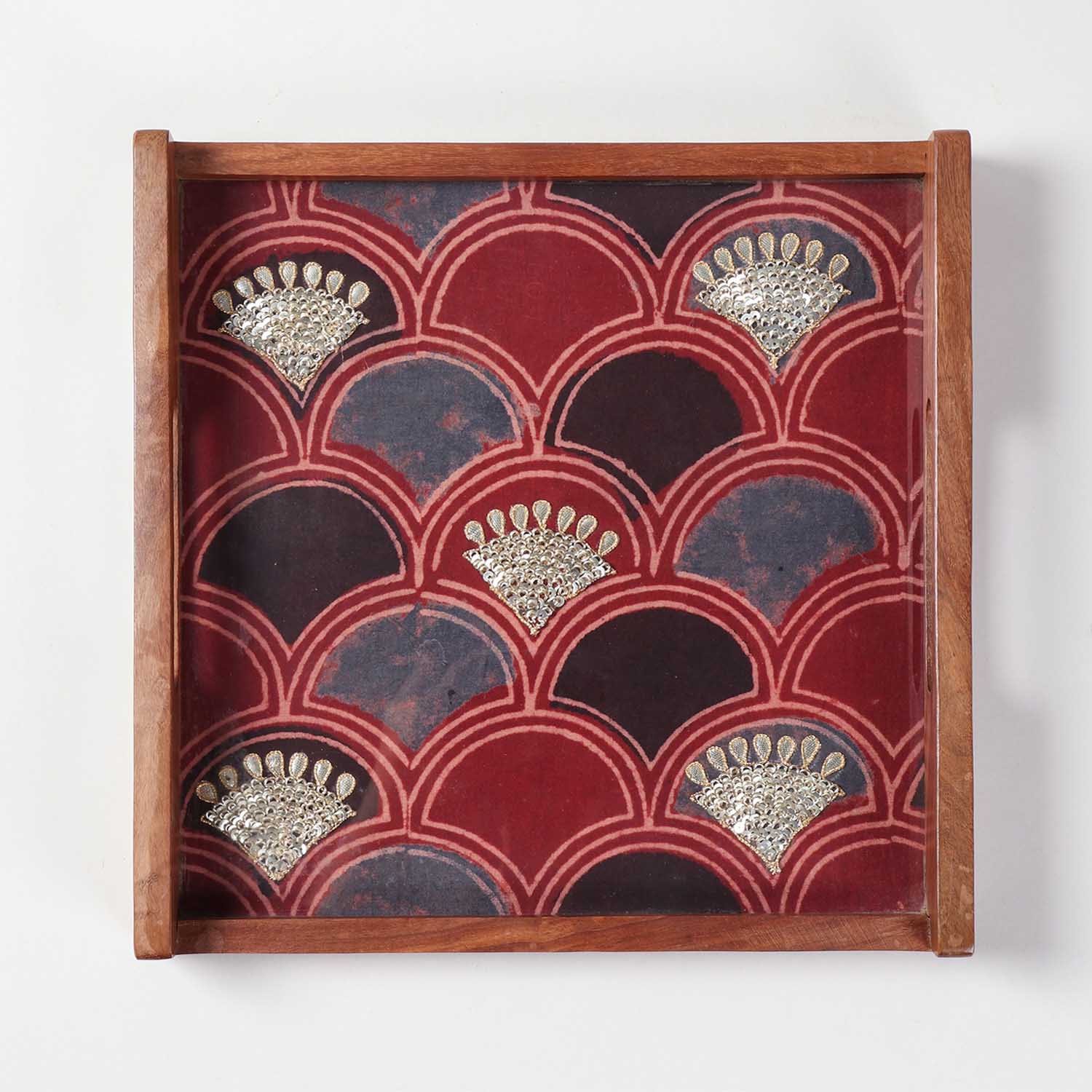 Square Sheesham Wood & Gota Work Ajrakh Tray