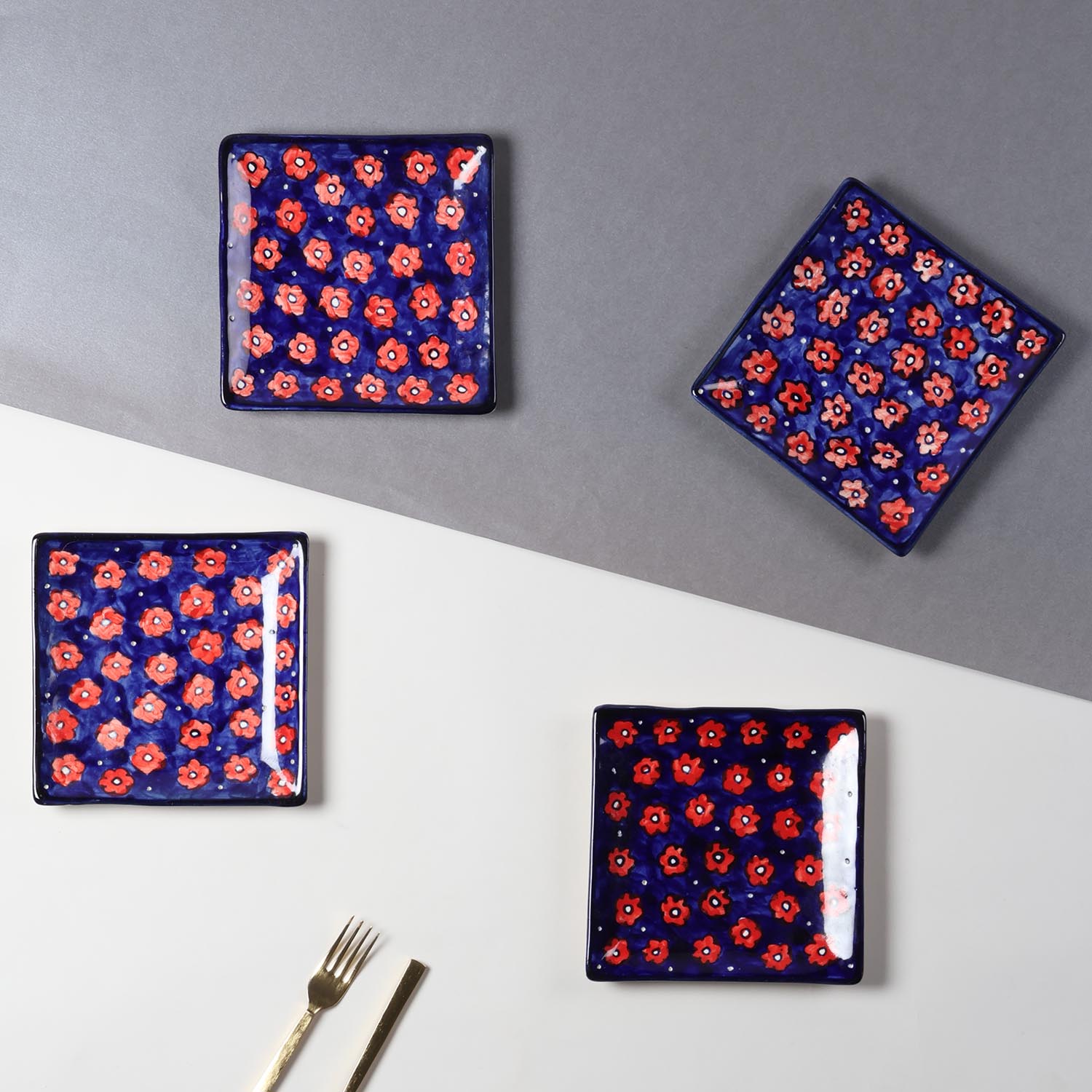 Floral Ceramic Square Serving Platter Set of 2, Blue