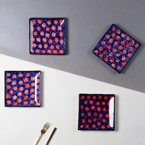Floral Ceramic Square Serving Platter Set of 2, Blue