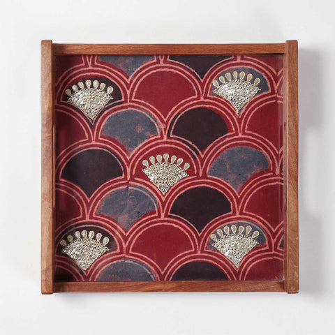 Square Sheesham Wood & Gota Work Ajrakh Tray